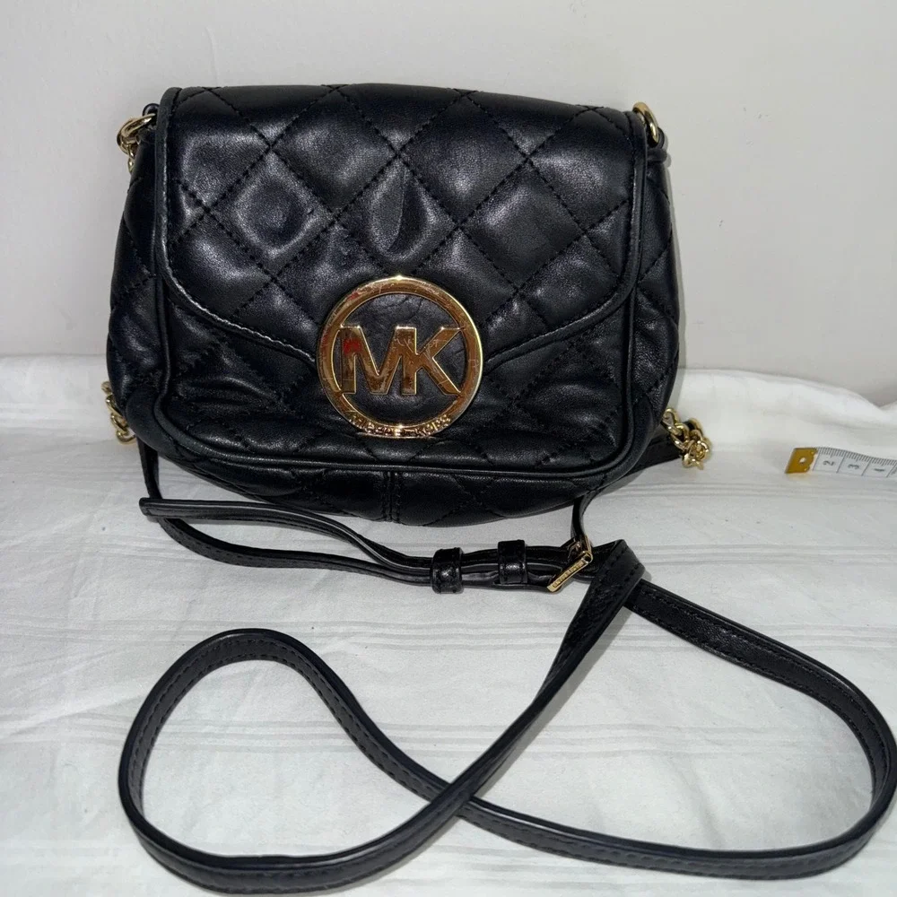 Michael Kors Black Quilted‎ Leather Crossbody Bag Gold Chain MK Logo